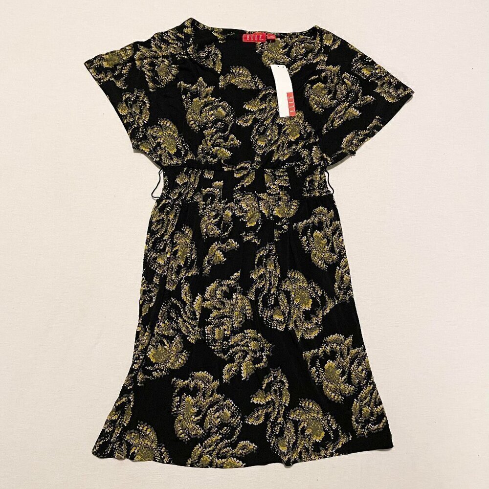 Elle Black Gold Floral Dress Womens Size XS Stretchy Party Dress